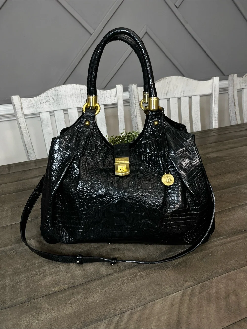 *BRAHMIN* Black Elisa Melbourne Croc-Embossed Leather Satchel Shoulder Bag
